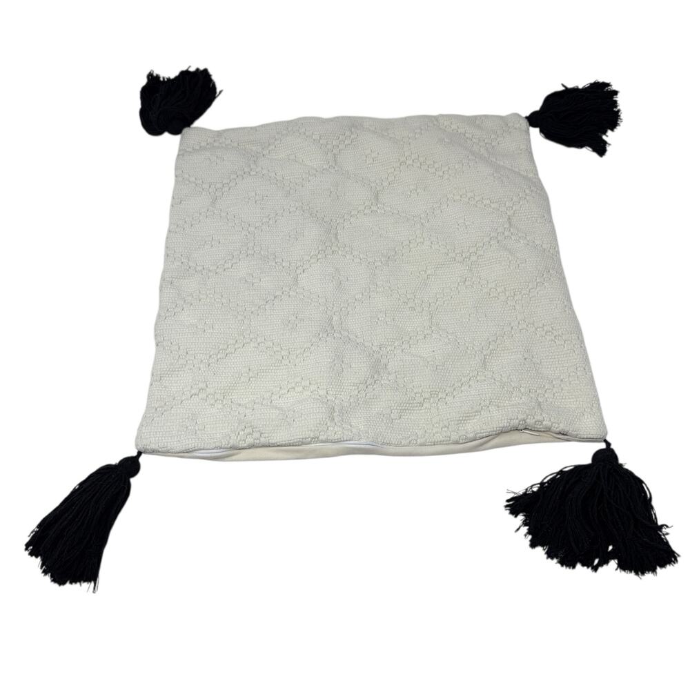Quilted Cream Decorative Square Pillow Cover Sham‎ With Black Tassels Boho Style